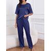 imageCUPSHE Womens Satin Silk Pajama Set Soft Pjs Sleepwear Short Sleeve Top with Long Pajama Pant SetNavy Blue
