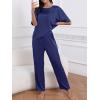 imageCUPSHE Womens Satin Silk Pajama Set Soft Pjs Sleepwear Short Sleeve Top with Long Pajama Pant SetNavy Blue