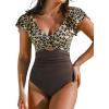 imageCUPSHE Womens One Piece Swimsuit Tummy Control Bathing Suit V Neck Ruffled Wrap Ruched Cutout Back Hook Available in PlusBeigeBrownLeopard