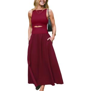 imageCUPSHE Summer Dress for Women 2025 Formal Sleeveless Round Neck Cutout Pockets Casual A Line Maxi DressBurgundy