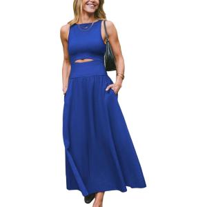 imageCUPSHE Summer Dress for Women 2025 Formal Sleeveless Round Neck Cutout Pockets Casual A Line Maxi DressRoyal Blue