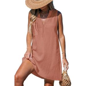 imageCUPSHE Swimsuit Coverup for Women V Neck Beachwear Sleeveless Beach Dress with Chest PocketBrick Red