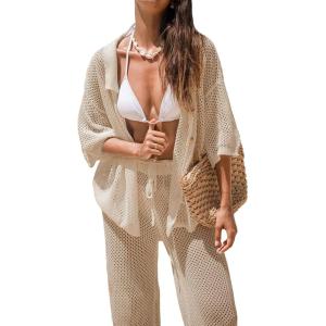 imageCUPSHE Womens Crochet Cover Up Set Button Down Hollow Out Top Long Net Pant 2 Piece BeachwearKhaki