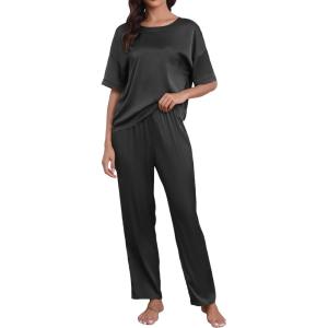imageCUPSHE Womens Satin Silk Pajama Set Soft Pjs Sleepwear Short Sleeve Top with Long Pajama Pant SetBblack