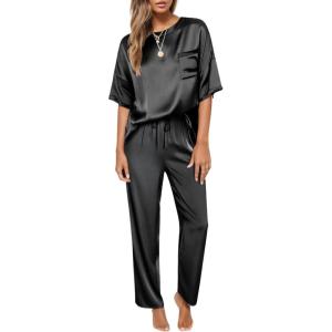 imageCUPSHE Womens Satin Silk Pajama Set Soft Pjs Sleepwear Short Sleeve Top with Long Pajama Pant SetBlack