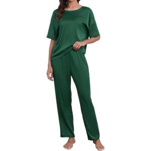 imageCUPSHE Womens Satin Silk Pajama Set Soft Pjs Sleepwear Short Sleeve Top with Long Pajama Pant SetBlue Green