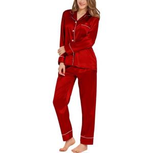 imageCUPSHE Womens Satin Silk Pajama Set Soft Pjs Sleepwear Short Sleeve Top with Long Pajama Pant SetBred