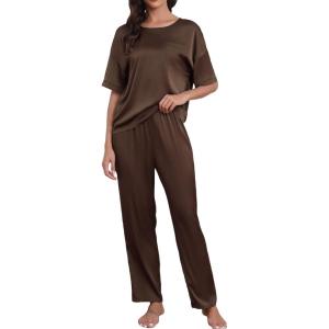 imageCUPSHE Womens Satin Silk Pajama Set Soft Pjs Sleepwear Short Sleeve Top with Long Pajama Pant SetBrown