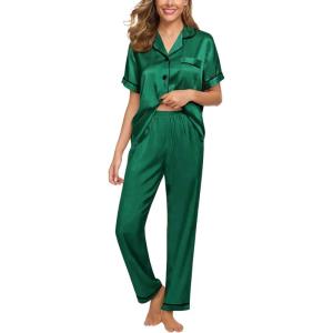 imageCUPSHE Womens Satin Silk Pajama Set Soft Pjs Sleepwear Short Sleeve Top with Long Pajama Pant SetCgreen