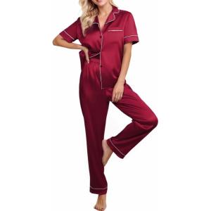 imageCUPSHE Womens Satin Silk Pajama Set Soft Pjs Sleepwear Short Sleeve Top with Long Pajama Pant SetCwine Red