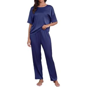 imageCUPSHE Womens Satin Silk Pajama Set Soft Pjs Sleepwear Short Sleeve Top with Long Pajama Pant SetNavy Blue