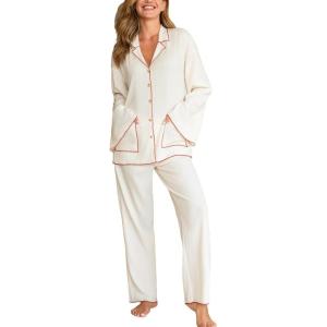 imageCUPSHE Womens Satin Silk Pajama Set Soft Pjs Sleepwear Short Sleeve Top with Long Pajama Pant SetWhiter1