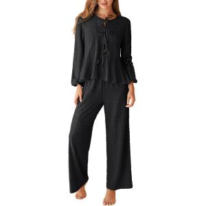 imageCUPSHE Womens Two Piece Outfits Set Long Sleeve Tie Front Top and Wide Leg Pants Casual Loungewear Pajama SetsBlack