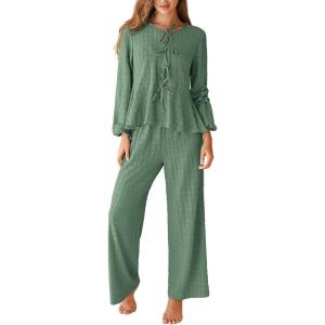 imageCUPSHE Womens Two Piece Outfits Set Long Sleeve Tie Front Top and Wide Leg Pants Casual Loungewear Pajama SetsGreen