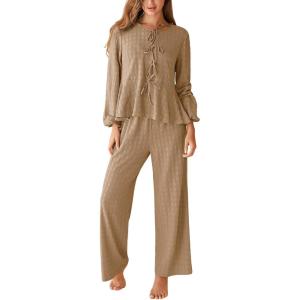 imageCUPSHE Womens Two Piece Outfits Set Long Sleeve Tie Front Top and Wide Leg Pants Casual Loungewear Pajama SetsKhaki