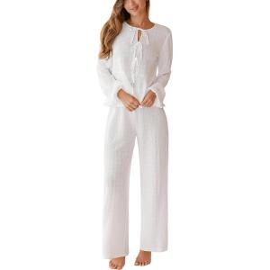 imageCUPSHE Womens Two Piece Outfits Set Long Sleeve Tie Front Top and Wide Leg Pants Casual Loungewear Pajama SetsWhite