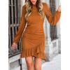 imageCUPSHE Women Knit Ruched Summer Dress Smocked Ruffle Hem Crew Neck Long Sleeve Bodycon Sexy Casual Holiday Mini DressOrange