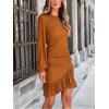 imageCUPSHE Women Knit Ruched Summer Dress Smocked Ruffle Hem Crew Neck Long Sleeve Bodycon Sexy Casual Holiday Mini DressOrange
