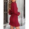imageCUPSHE Women Knit Ruched Summer Dress Smocked Ruffle Hem Crew Neck Long Sleeve Bodycon Sexy Casual Holiday Mini DressWine Red