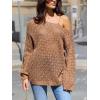 imageCUPSHE Womens 2024 Fall Crochet Sweater Off The Shoulder Hollow Out Pullover Sweater Jumper TopCoffee