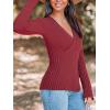 imageCUPSHE Womens Ribbed Long Sleeve Sweater 2024 Fall Knit V Neck Pullover Sweater TopsBurgundy