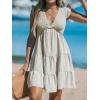 imageCUPSHE Womens Smocked Mini Dress Plunging V Neck Ruffled Summer Beach Cover Up DressBeige