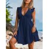 imageCUPSHE Womens Smocked Mini Dress Plunging V Neck Ruffled Summer Beach Cover Up DressNavy Blue