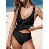 imageCUPSHE Womens Tankini Sets Two Piece Swimsuit High Waisted V Neck Ruffled Self Tie Lace Up Ruched XS4XLBlack