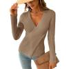 imageCUPSHE Womens Ribbed Long Sleeve Sweater 2024 Fall Knit V Neck Pullover Sweater TopsBrown