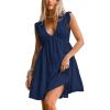 imageCUPSHE Womens Smocked Mini Dress Plunging V Neck Ruffled Summer Beach Cover Up DressNavy Blue