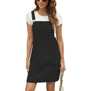 imageCUPSHE Women Corduroy Summer Dress Front Bib Pocket Square Neck Wide Strap Casual Overall Holiday Vacation Fall Mini DressBlack