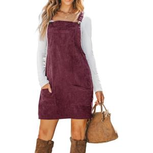 imageCUPSHE Women Corduroy Summer Dress Front Bib Pocket Square Neck Wide Strap Casual Overall Holiday Vacation Fall Mini DressWine Red