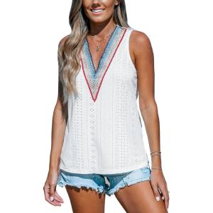 imageCUPSHE Women Eyelet Tops V Neck Embroidered Jersey Tank Lace Cutout Blouses Tee Sleeveless Shirt CasualWhite