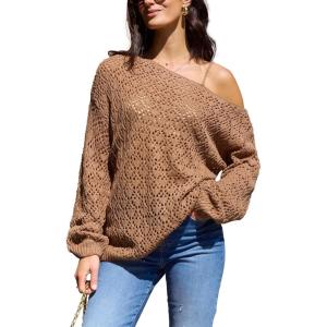 imageCUPSHE Womens 2024 Fall Crochet Sweater Off The Shoulder Hollow Out Pullover Sweater Jumper TopCoffee