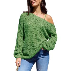 imageCUPSHE Womens 2024 Fall Crochet Sweater Off The Shoulder Hollow Out Pullover Sweater Jumper TopGreen