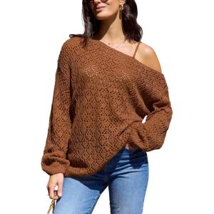 imageCUPSHE Womens 2024 Fall Crochet Sweater Off The Shoulder Hollow Out Pullover Sweater Jumper TopOrange