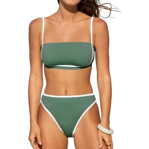 imageCUPSHE Womens Bikini Sets Two Piece Swimsuit High Waisted Square Neck Back Hook Color Block Cheeky BottomGreenWhite