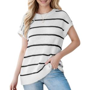 imageCUPSHE Womens Cap Sleeve Knit Sweater Top 2024 Striped Crew Neck Sweater Vest Casual Pullover TopsBlack Stripe
