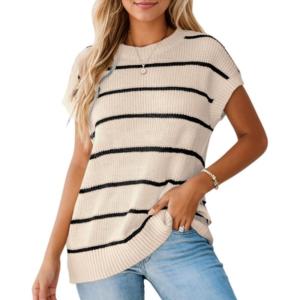 imageCUPSHE Womens Cap Sleeve Knit Sweater Top 2024 Striped Crew Neck Sweater Vest Casual Pullover TopsKhaki