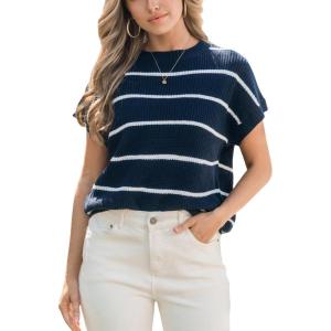 imageCUPSHE Womens Cap Sleeve Knit Sweater Top 2024 Striped Crew Neck Sweater Vest Casual Pullover TopsNavy