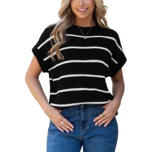 imageCUPSHE Womens Cap Sleeve Knit Sweater Top 2024 Striped Crew Neck Sweater Vest Casual Pullover TopsWhite Stripe