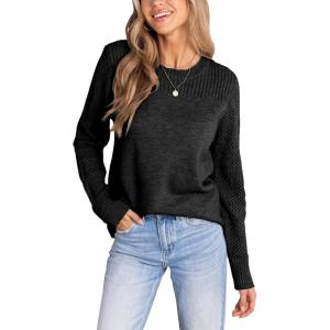 imageCUPSHE Womens Long Sleeve Sweaters Crew Neck 2024 Fall Knit Pullover SweaterBlack