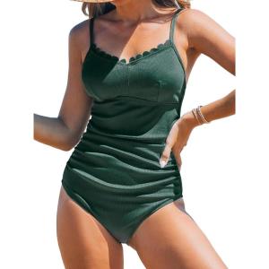 imageCUPSHE Womens One Piece Swimsuit Tummy Control Bathing Suit Scalloped V Neck Adjustable Straps Rib RuchedMoss Green