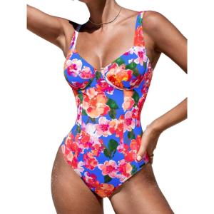 imageCUPSHE Womens One Piece Swimsuit Tummy Control Bathing Suit V Neck High Support Sculpting SwimwearBlueRed Floral