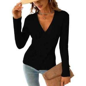 imageCUPSHE Womens Ribbed Long Sleeve Sweater 2024 Fall Knit V Neck Pullover Sweater TopsBlack