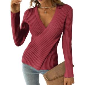 imageCUPSHE Womens Ribbed Long Sleeve Sweater 2024 Fall Knit V Neck Pullover Sweater TopsBurgundy