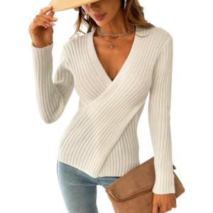 imageCUPSHE Womens Ribbed Long Sleeve Sweater 2024 Fall Knit V Neck Pullover Sweater TopsCream White