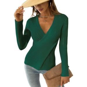 imageCUPSHE Womens Ribbed Long Sleeve Sweater 2024 Fall Knit V Neck Pullover Sweater TopsDark Green