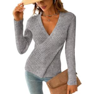 imageCUPSHE Womens Ribbed Long Sleeve Sweater 2024 Fall Knit V Neck Pullover Sweater TopsGrey