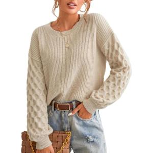 imageCUPSHE Womens Sweater Long Sleeve Crewneck Sweaters Cable Knit Jumper TopsBeige